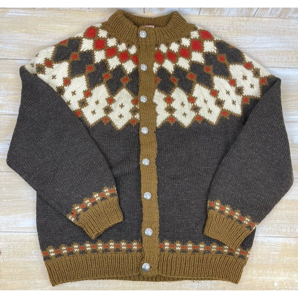 Vtg CJ Viking Womens Cardigan Sz L Hand-Knit Wool Fair Isle Scandinavian Denmark